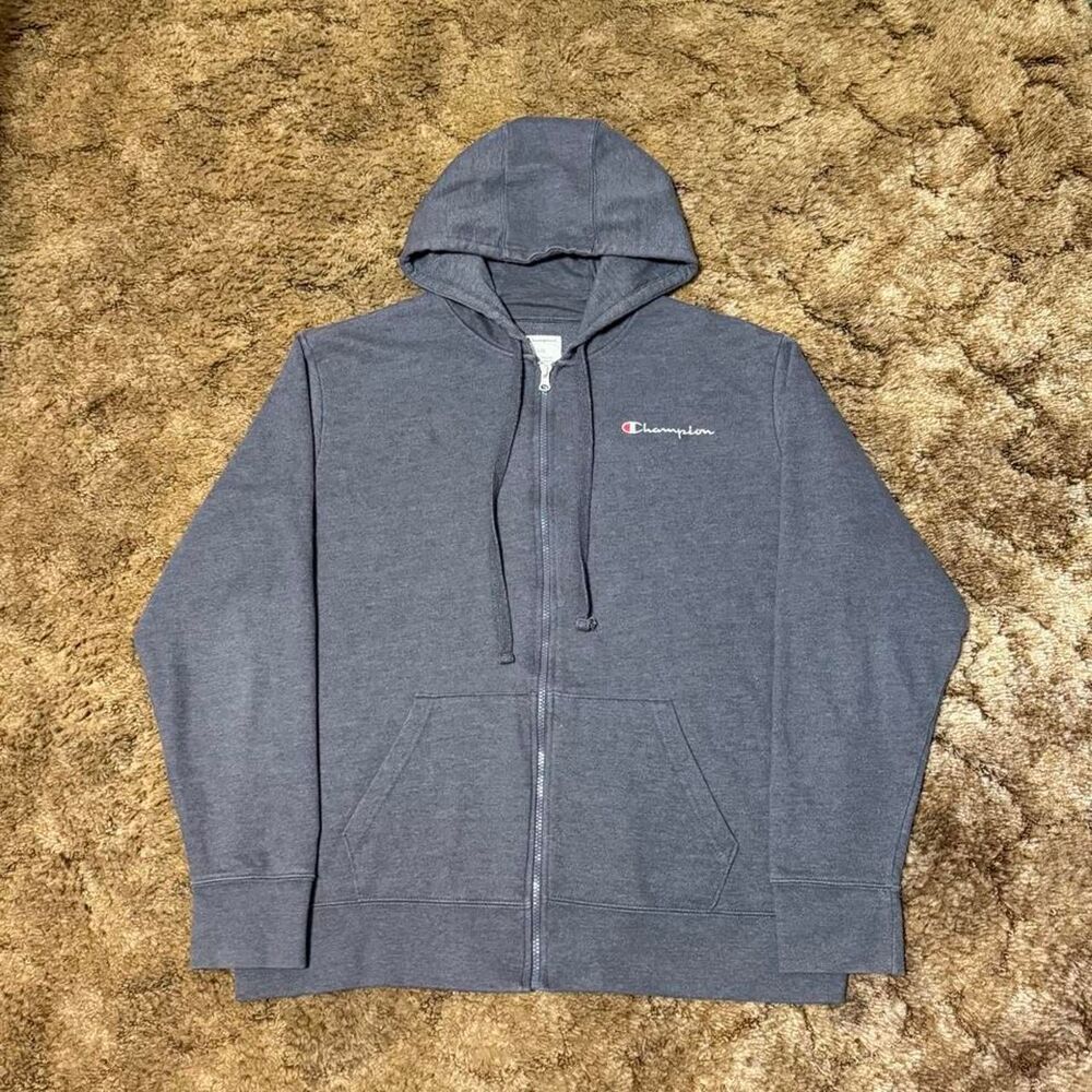Champion Small Spellout Logo Full Zip Up Hoodie Grey Large